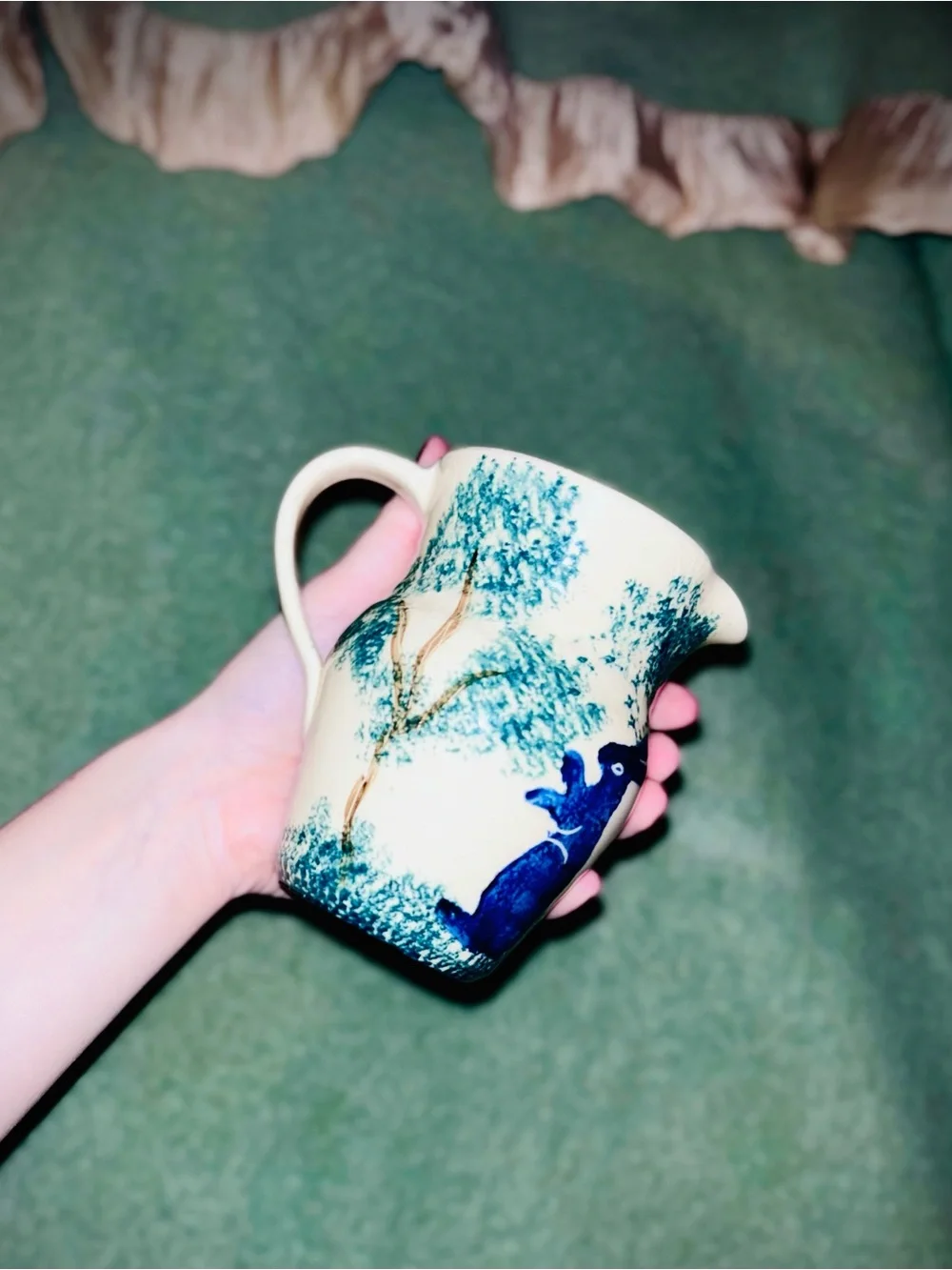 Vtg 1980s Handpainted Folk Stoneware Pitcher w/Rabbit & Forest Scene Design